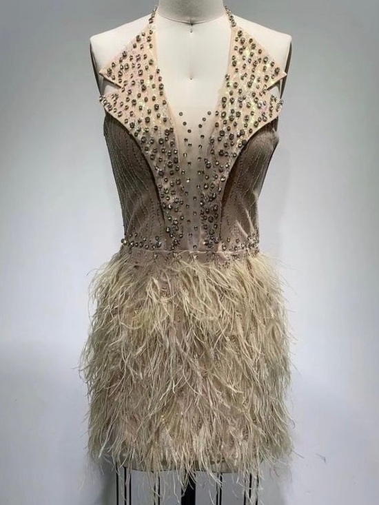Aléga Dresses & Skirts - Elegant Feathered Halter Mini Dress in Champagne